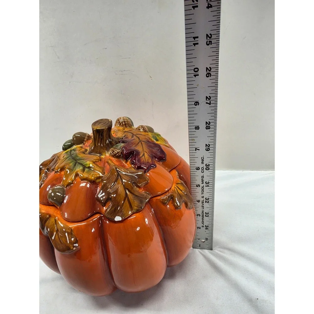Ceramic Pumpkin Cookie Jar Fall Harvest Orange Glazed Lidded Canister Acorn Leaf